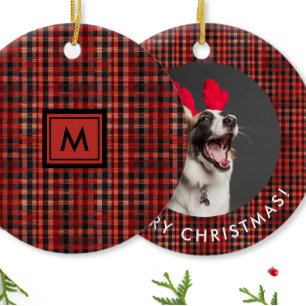 Klassisches rotes schwarzes Karo-Tartan-Muster Mon Keramik Ornament