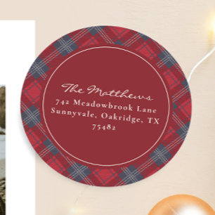 Klassisches rotes Tartan-Weihnachts-Rücksendeadres Runder Aufkleber