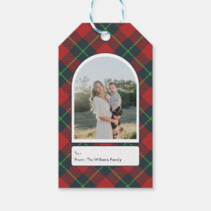Klassisches rotes und grünes Karo-Familienfoto für Geschenkanhänger