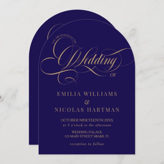 Klassisches Royal Blue Gold auf einer Hochzeit Einladung (Vorne/Hinten)