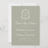 Klassisches Sage Green Monogram Wappen Script Save The Date (Vorderseite)