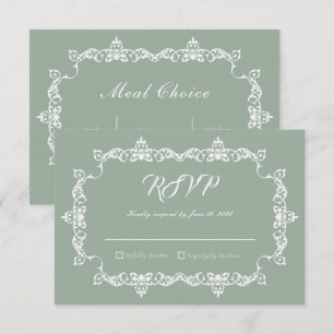 Klassisches Salbeigrün Hochzeit mit aufwendigem Ra RSVP Karte