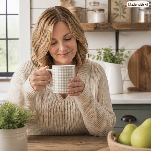 Klassisches Salbeigrün und Weiß Gingham-Muster Kaffeetasse