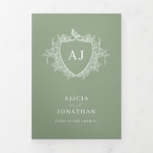 Klassisches Salbeigrünes französisches florales QR Dreifach Gefaltete Einladung (Cover)