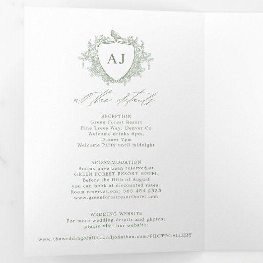 Klassisches Salbeigrünes französisches florales QR Dreifach Gefaltete Einladung (Innen Erste Seite)