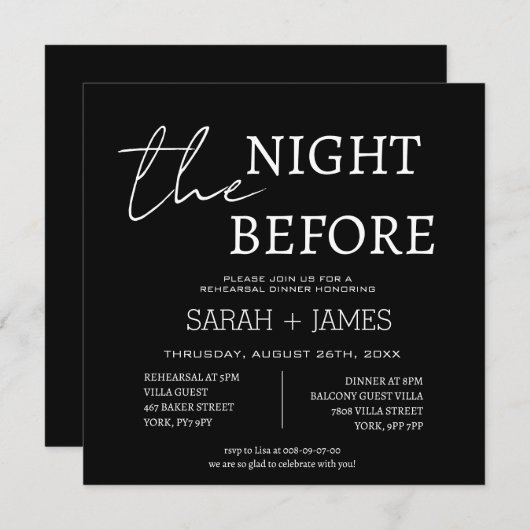 Klassisches Schwarz am Abend vor Probe Abendessen Einladung (Vorne/Hinten)