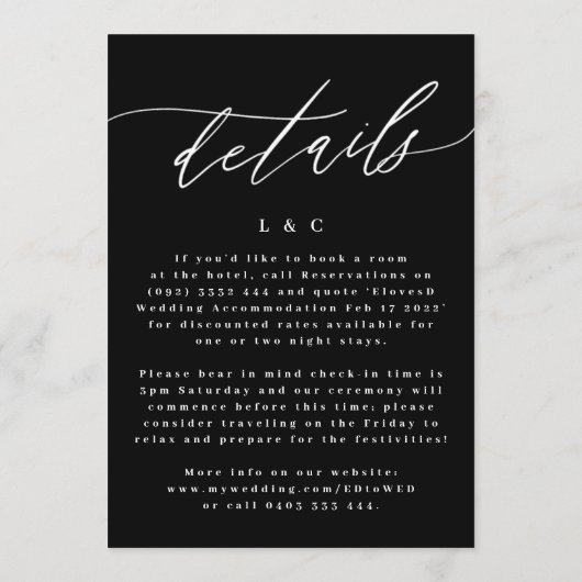 Klassisches Schwarz - Details zur Hochzeit auf der Einladung (Rückseite)