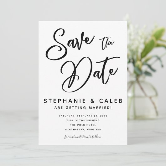 Klassisches Schwarz und Weiß Save the Date Einladung (Stehend Vorderseite)