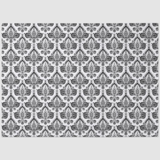 Klassisches Schwarz-Weiß-Damaskus-Textilmuster Seidenpapier (Vorderseite)