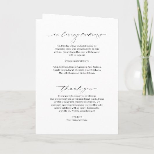 Klassisches Schwarz-Weiß-Foto Elegante Hochzeit Programm (Rückseite)