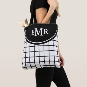 Klassisches Schwarz-Weiß-Gitterstreifen-Monogramm Tasche