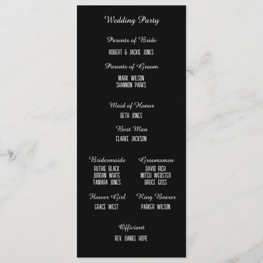 Klassisches Schwarz-Weiß-Hochzeitsprogramm Programm (Rückseite)