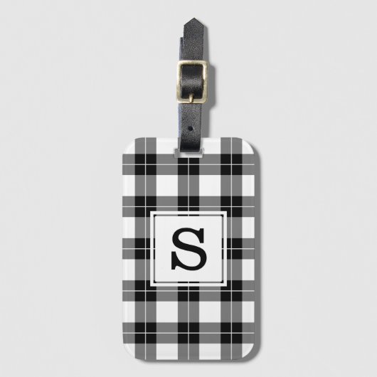 Klassisches Schwarz-Weiß-Kariertes Monogramm-Muste Gepäckanhänger (Vorderseite Vertikal)