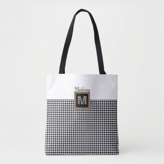 Klassisches Schwarz-Weiß-Karo Gingham Kariert Mono Tasche (Vorderseite)