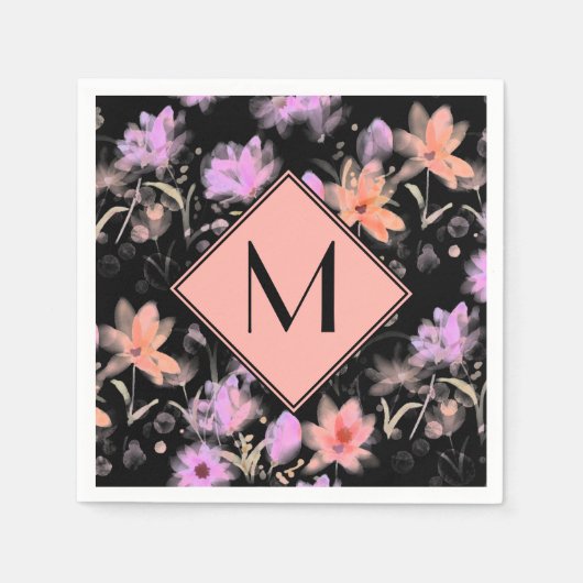 Klassisches Schwarz-Weiß-Korallenrosa-Blütenmonogr Serviette (Vorderseite)