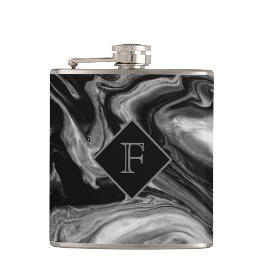Klassisches Schwarz-Weiß-Marmor mit Monogramm Flachmann (Vorderseite)