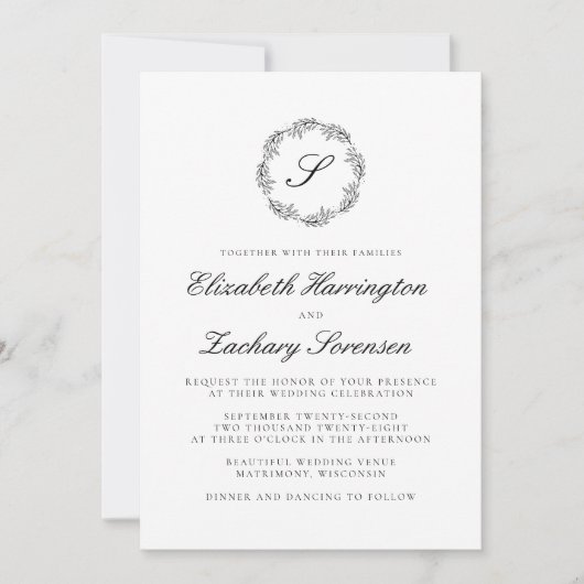 Klassisches Schwarz-Weiß-Monogramm-Wraath-Script Einladung (Vorderseite)