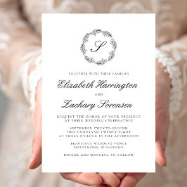 Klassisches Schwarz-Weiß-Monogramm-Wraath-Script Einladung