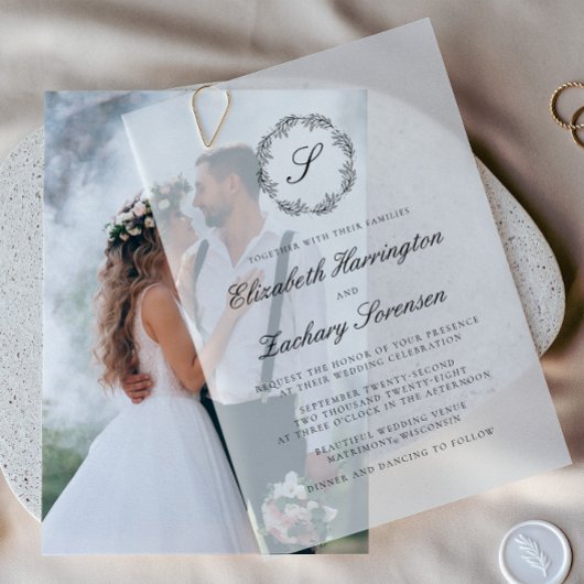 Klassisches Schwarz-Weiß-Monogramm-Wraath-Script Pergament Einladungen