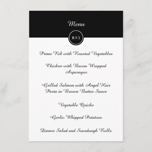 Klassisches Schwarz-Weiß-Rezeptionsmenü Menükarte (Vorderseite)