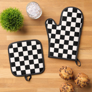 Klassisches Schwarz-Weiß-Schachbrettflaggenmuster Ofenhandschuh & Topflappen-Set