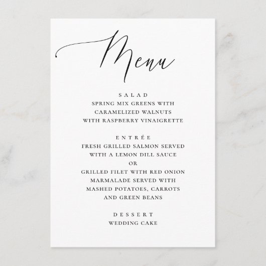 Klassisches Schwarz-Weiß-Script-Hochzeitsessen Menükarte (Vorderseite)