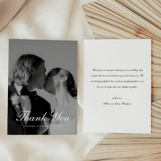 Klassisches Schwarz-Weiß-Script-Hochzeitsfoto Dankeskarte