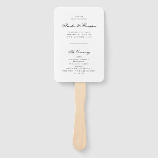 Klassisches Schwarz-Weiß-Script-Hochzeitsprogramm Fächer (Vorderseite)