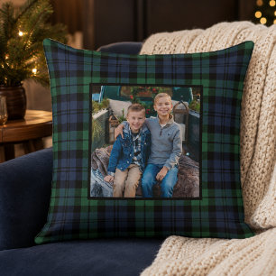 Klassisches Schwarz-Weiß-Tartan-Foto-Weihnachten Kissen