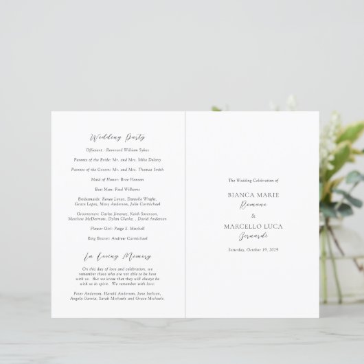 Klassisches Schwarz-Weiß-Timeless-Hochzeitsprogram (Stehend Vorderseite)