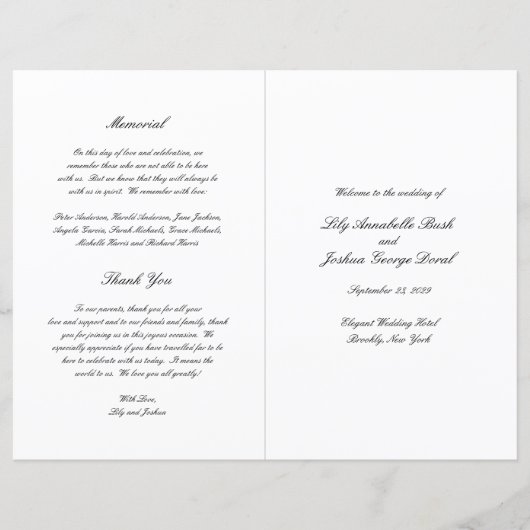 Klassisches Schwarz-Weiß-Timeless-Hochzeitsprogram (Vorderseite)
