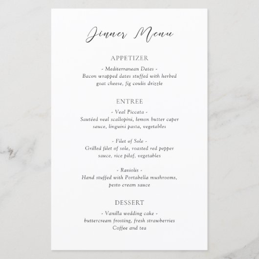Klassisches Schwarz-Weiß-Zeitloses Hochzeitsmenü (Vorderseite)