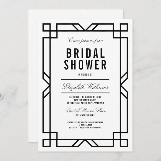 Klassisches Schwarz-weißes Art Deco Frame Brautpar Einladung (Vorne/Hinten)