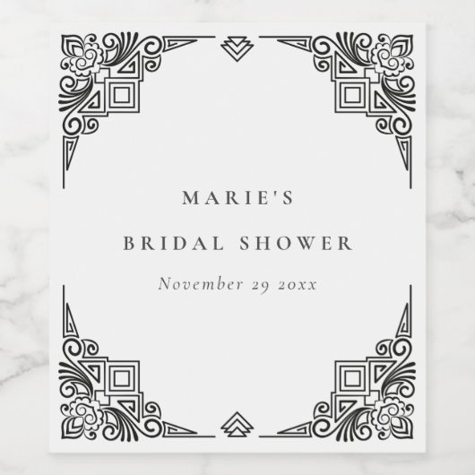 Klassisches Schwarz-weißes Art Deco Verziertes Bra Weinetikett (Einzelnes Label)