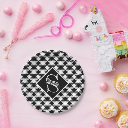 Klassisches Schwarz-weißes Buffalo-Quadrat-Monogra Pappteller (Party)