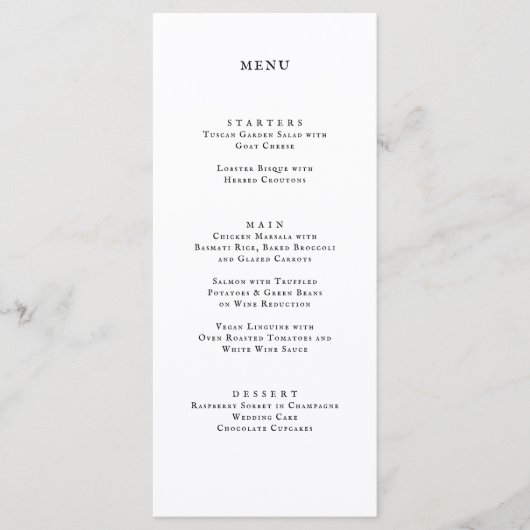 Klassisches Schwarz-weißes Hochzeitsessen Menükarte (Vorderseite)