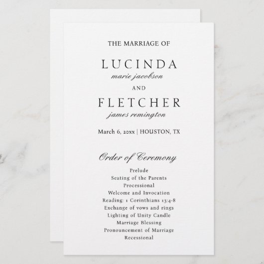 Klassisches Schwarz-weißes Hochzeitsprogramm (Vorne/Hinten)