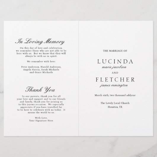 Klassisches Schwarz-weißes Hochzeitsprogramm (Vorderseite)