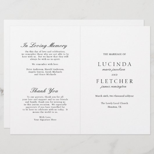 Klassisches Schwarz-weißes Hochzeitsprogramm (Vorne/Hinten)