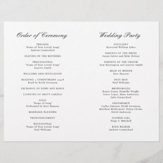 Klassisches Schwarz-weißes Hochzeitsprogramm (Rückseite)