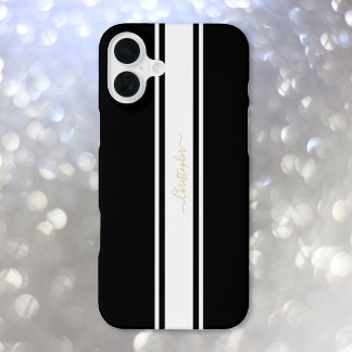 Klassisches Schwarz-weißes Racing Stripes Gold Mon iPhone 16 Plus Hülle