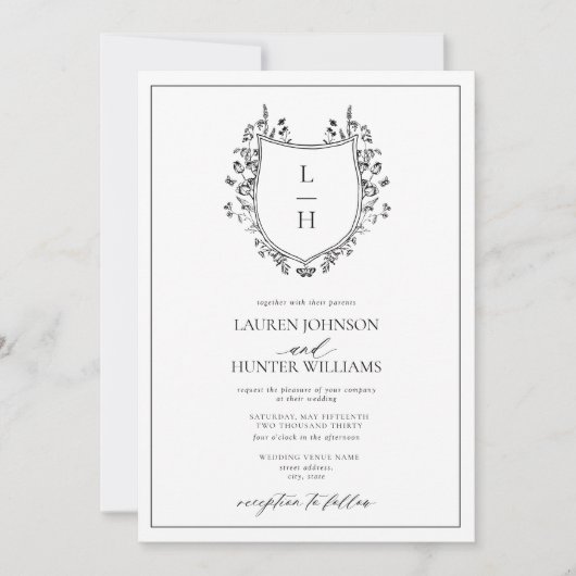 Klassisches Schwarz-Wildblume-Monogramm-Wappen Hoc Einladung (Vorderseite)