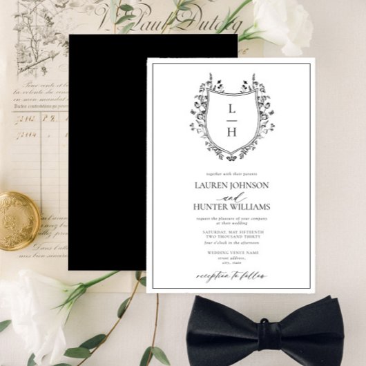 Klassisches Schwarz-Wildblume-Monogramm-Wappen Hoc Einladung