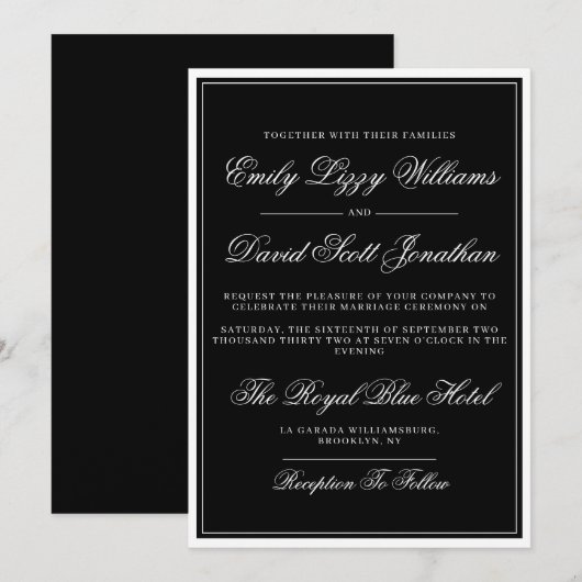 Klassisches Schwarzes Elegantes Skript Traditionel Einladung (Vorne/Hinten)
