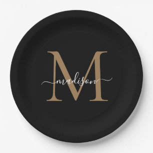 Klassisches Schwarzes Gold Monogramm Moderne Schri Pappteller