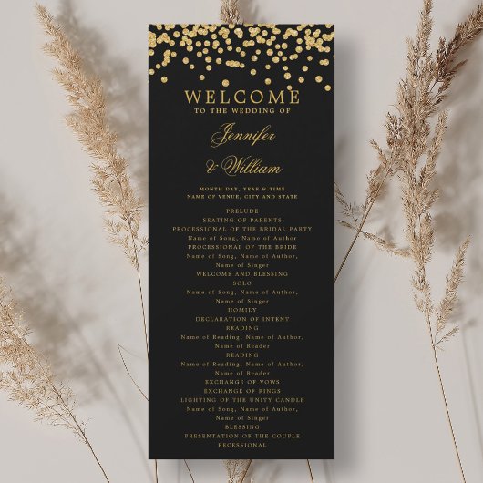 Klassisches Script Hochzeitsprogramm Confetti Gold Einladung