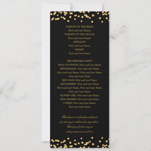 Klassisches Script Hochzeitsprogramm Confetti Gold Einladung (Rückseite)