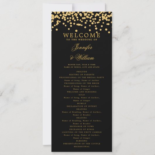 Klassisches Script Hochzeitsprogramm Confetti Gold Einladung (Vorderseite)