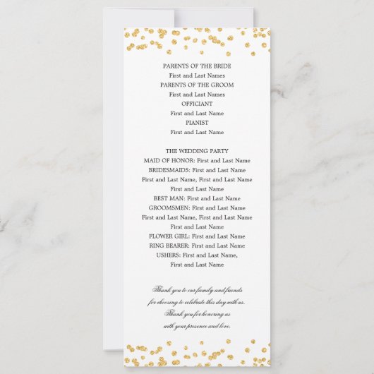 Klassisches Script Wedding Program Confetti Gold Einladung (Rückseite)