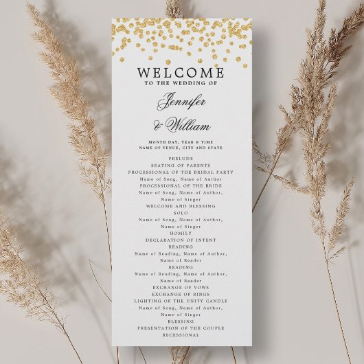 Klassisches Script Wedding Program Confetti Gold Einladung
